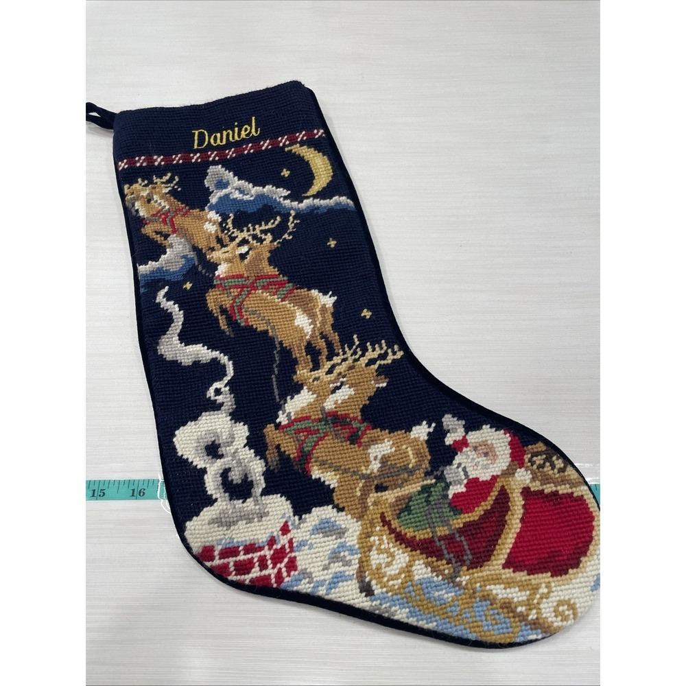 Lands End Christmas Stocking Daniel Santa Reindeer Needlepoint Navy Blue Velvet